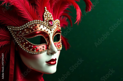 beautiful spectacular masquerade mask red, with gold, feathers and rhinestones on a dark green background, on the right there is copy space for text photo