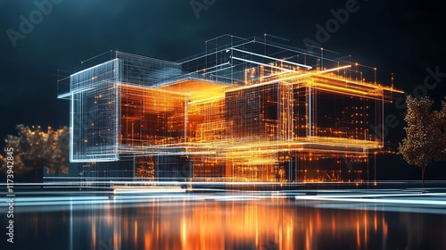 Fototapeta Naklejka Na Ścianę i Meble -  Futuristic building architectural wireframe glowing at night.