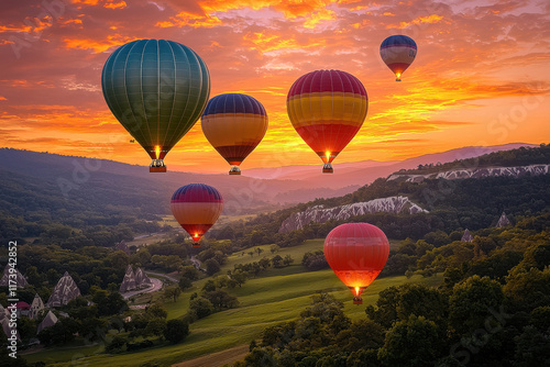 Hot air balloons over green valley at sunrise photo