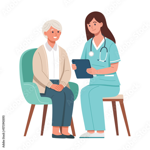 An illustration of a healthcare professional providing personalized care to an elderly patient.
