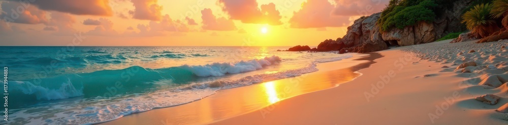 Beach at sunset with golden sand and turquoise water, serene, waves, light Beach at sunset with golden sand and turquoise water, serene, waves, light