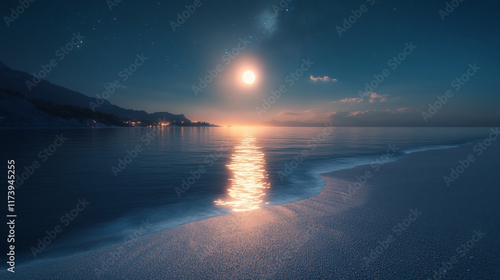 Fototapeta premium Serene moonlit beach at night, calm ocean reflecting moonlight.