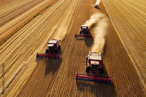 Aerial view of multiple combines harvesting grain in a vast field
