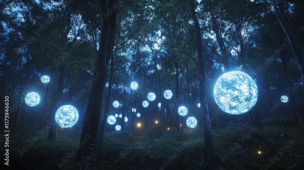Naklejka premium Ethereal Blue Lights Floating in Enchanted Forest at Night