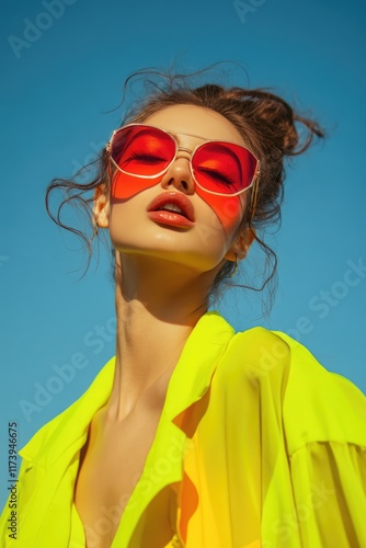 A young woman in yellow clothing and red sunglasses poses against a bright blue sky Perfect for fashion beauty and summer-themed projects