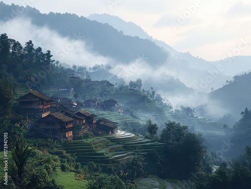 Wallpaper Mural Serene Morning Landscape with Rice Terraces and Misty Mountains Torontodigital.ca