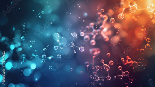 abstract visualization of molecules and atoms. Multi-colored molecules connected to each other float in space, creating a feeling of scientific fantasy.  