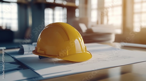 Construction Safety with Yellow Hard Hat at Industrial Worksite photo