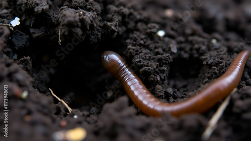 Earthworm in soil - closeup shot - Image photo