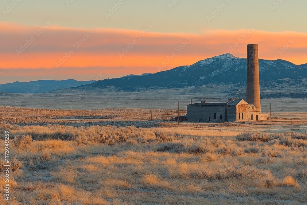 Fototapeta premium Abandoned building stands alone against a colorful sunset in a remote landscape with mountains in the background