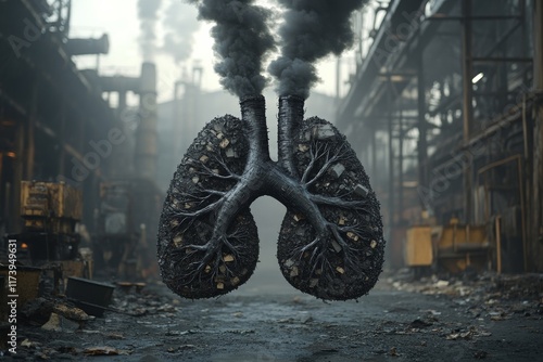 Lungs with roots symbolize pollution within industrial environment, highlighting health effects during the day photo