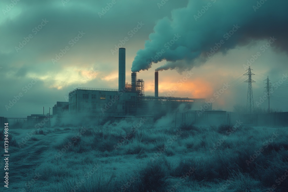 Industrial landscape with smokestacks releasing smoke into a foggy atmosphere during sunset Industrial landscape with smokestacks releasing smoke into a foggy atmosphere during sunset