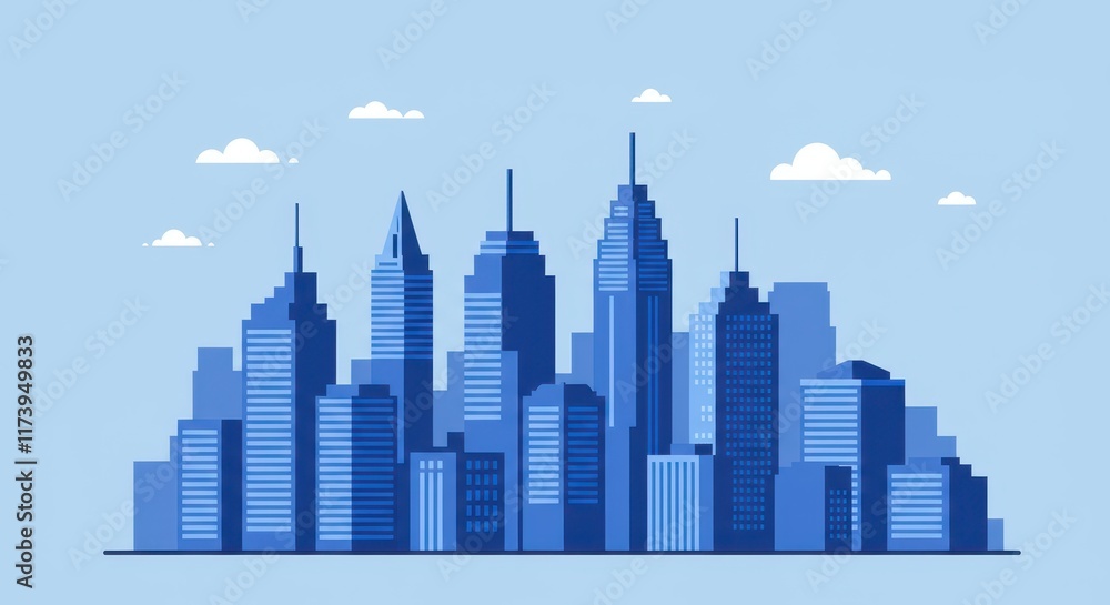 Fototapeta premium A flat illustration of a detailed urban skyline with modern skyscrapers and a few clouds in the background