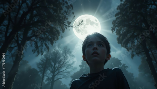 Scared child with big eyes is looking up in a dark and spooky forest at night, illuminated by a mysterious blue moon light, creating a scary and surreal atmosphere.