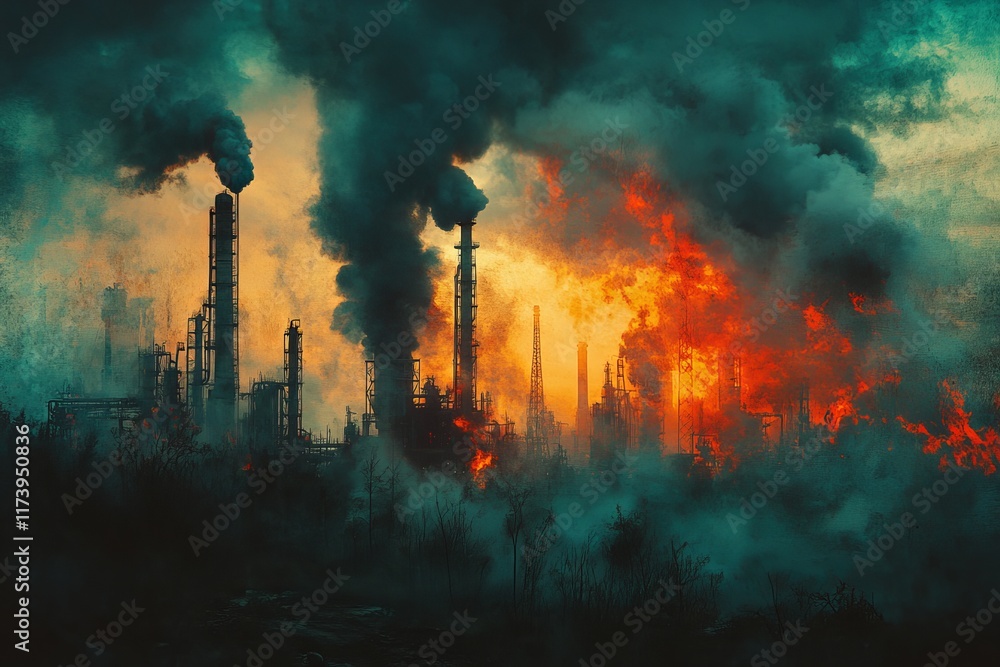 Fototapeta premium Dark smoke billows from an industrial site as flames engulf nearby structures during sunset