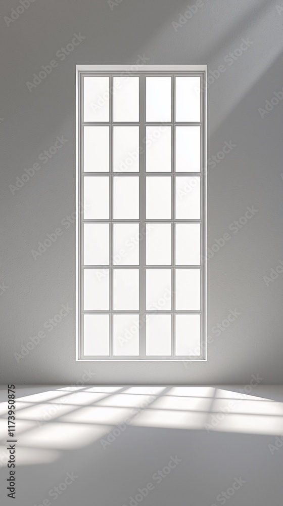 Fototapeta premium Sunlight streams through a large, multi-paned window in a minimalist room.