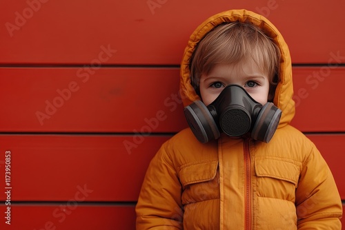 Child wearing gas mask stands against vibrant red background in urban setting on a cool day photo