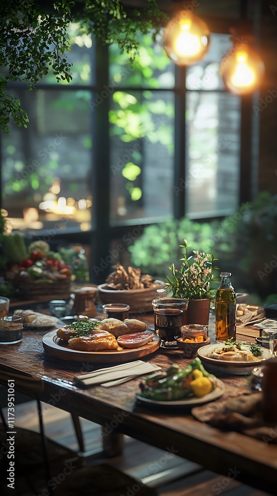 A beautifully arranged dining table with various dishes and a cozy atmosphere. A beautifully arranged dining table with various dishes and a cozy atmosphere.