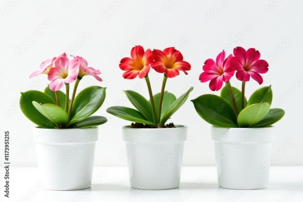 Three small kalanchoe flowers in white pots on a white background, pot, greenery Three small kalanchoe flowers in white pots on a white background, pot, greenery