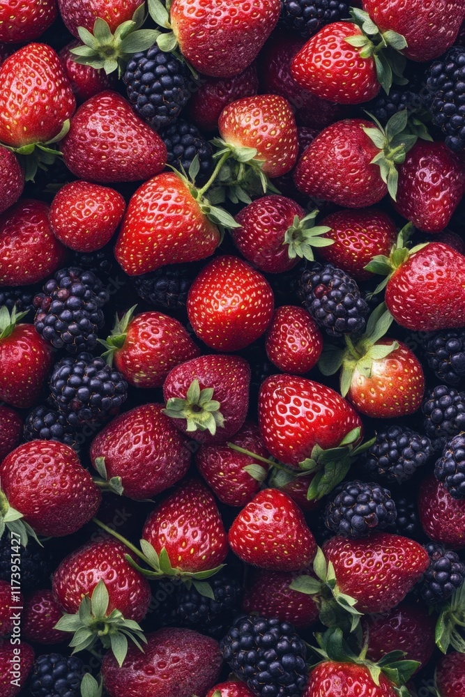 Berry bushes showcase vibrant strawberries and blackberries in a lush garden during summer harvest season Berry bushes showcase vibrant strawberries and blackberries in a lush garden during summer harvest season