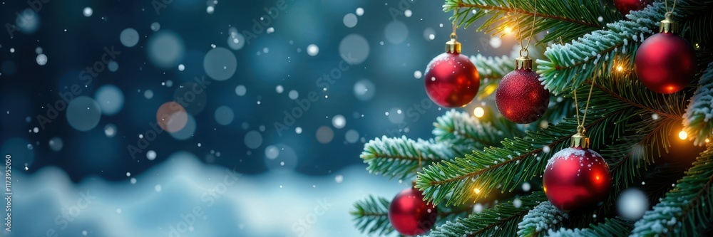 Fototapeta premium Winter snowflakes falling on a Christmas tree with colorful decorations, holiday, snowflakes