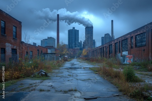 Urban decay in a forgotten industrial area with smoke rising from chimneys in a cloudy atmosphere photo