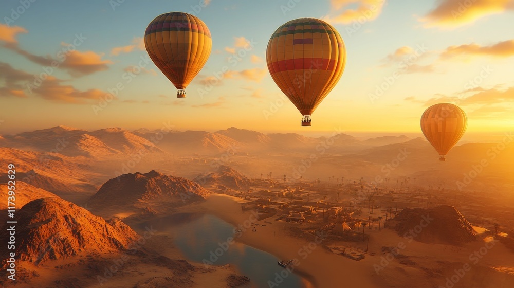 Naklejka premium Three hot air balloons over desert, ancient town.