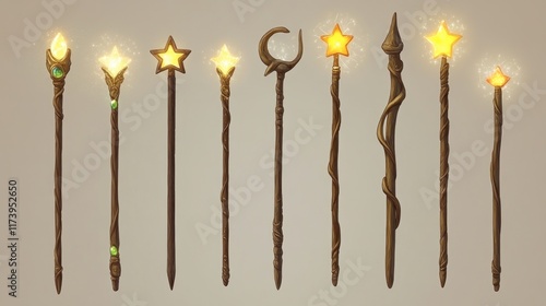 Nine stylized magic wands with glowing tips. Ideal for fantasy games spells or magical artifacts. Perfect for game assets animations or illustrations. photo