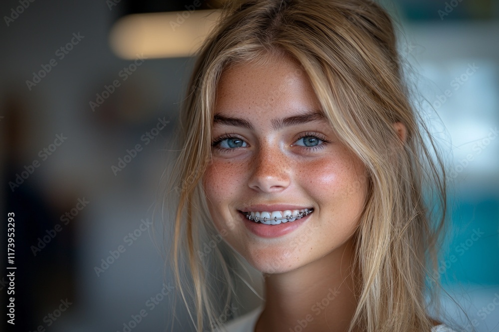 young adult braces smiles warmly while talking dentist in bright dental clinic. dentist shows progress chart ensuring engaging conversation. young adult braces smiles warmly while talking dentist in bright dental clinic. dentist shows progress chart ensuring engaging conversation.