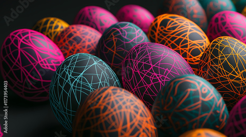 Vibrant minimalist Easter design featuring glowing neon eggs in an artistic arrangement, perfect for a creative wallpaper or background to celebrate the season photo