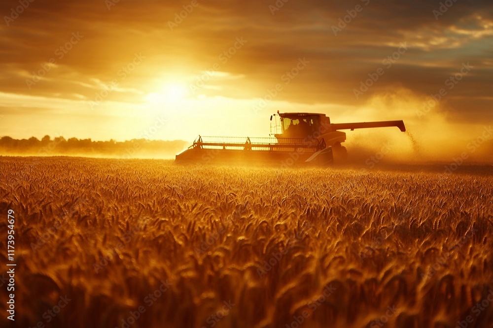 Fototapeta premium A glowing sunset over a golden wheat field with combines harvesting