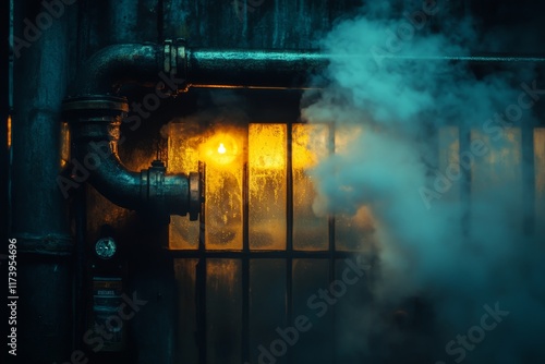 Pipes and steam create an atmospheric view near a foggy window at dusk in an industrial setting photo