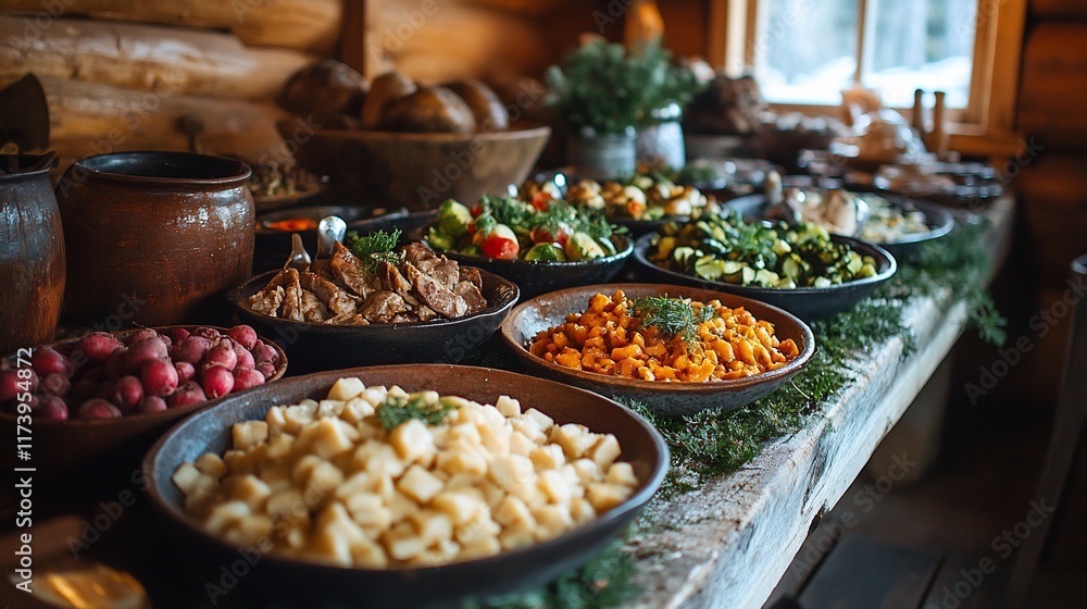 Fototapeta premium Rustic wooden table laden with hearty, traditional food.