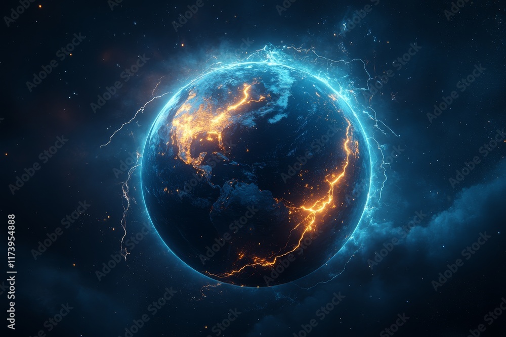 Fototapeta premium Electrifying view of Earth illuminated by blue energy and fiery cracks at night
