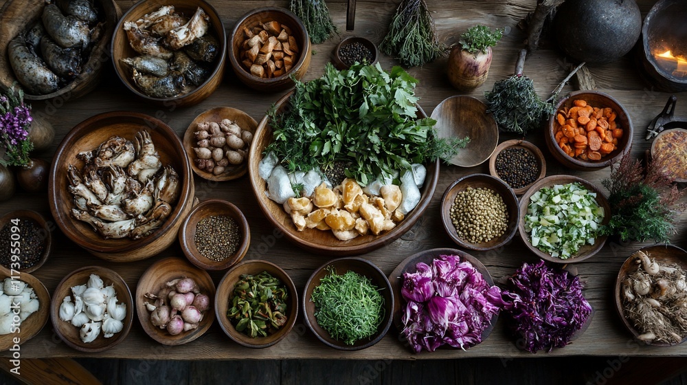 Fototapeta premium Overhead view of various ingredients for medieval-style cooking.