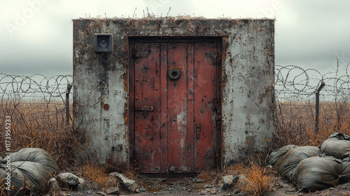 underground bunker features rugged utilitarian design elements such as reinforced concrete and heavy duty steel doors.