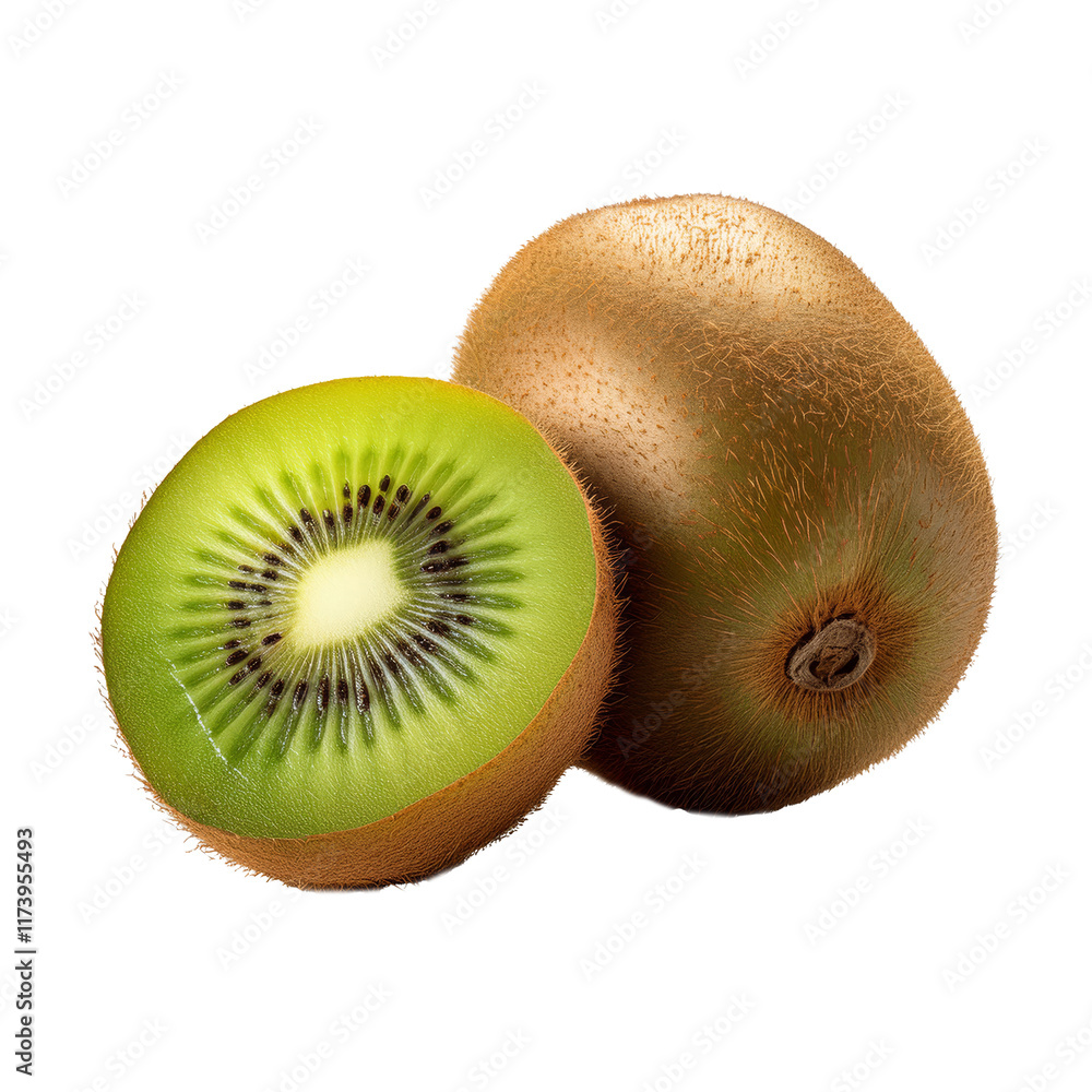 Ripe whole kiwi fruit and half kiwi fruit isolated on white background Ripe whole kiwi fruit and half kiwi fruit isolated on white background