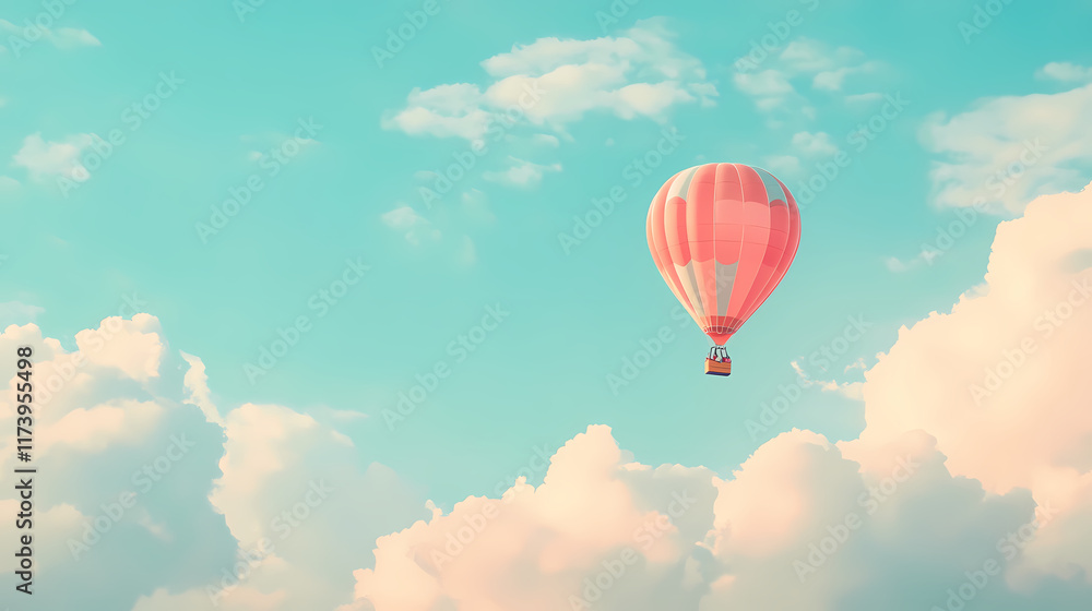 Obraz premium Whimsical birthday card with colorful hot air balloon and cloudy sky background design. Skybound. Illustration