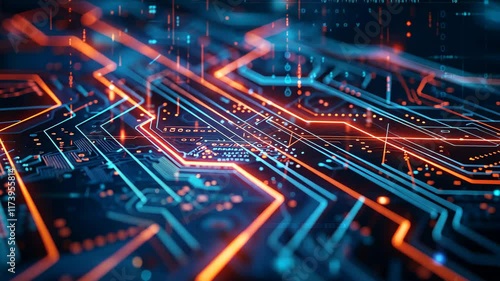 Wallpaper Mural Abstract technology circuit board wallpaper featuring glowing blue and orange lines in a digital environment, emphasizing innovation and connectivity in modern computing Torontodigital.ca