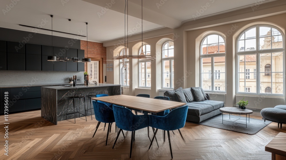 Fototapeta premium Modern apartment, open-plan kitchen, dining area, living room, city view, interior design