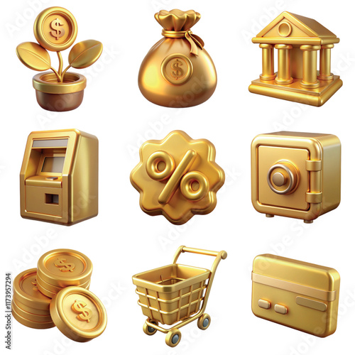 Collection of business and finance 3d golden icons for fintech apps
