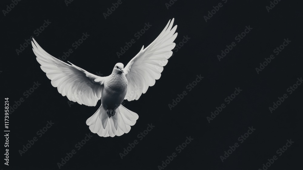 Fototapeta premium Graceful white dove in flight against a dark background, symbolizing peace and freedom.