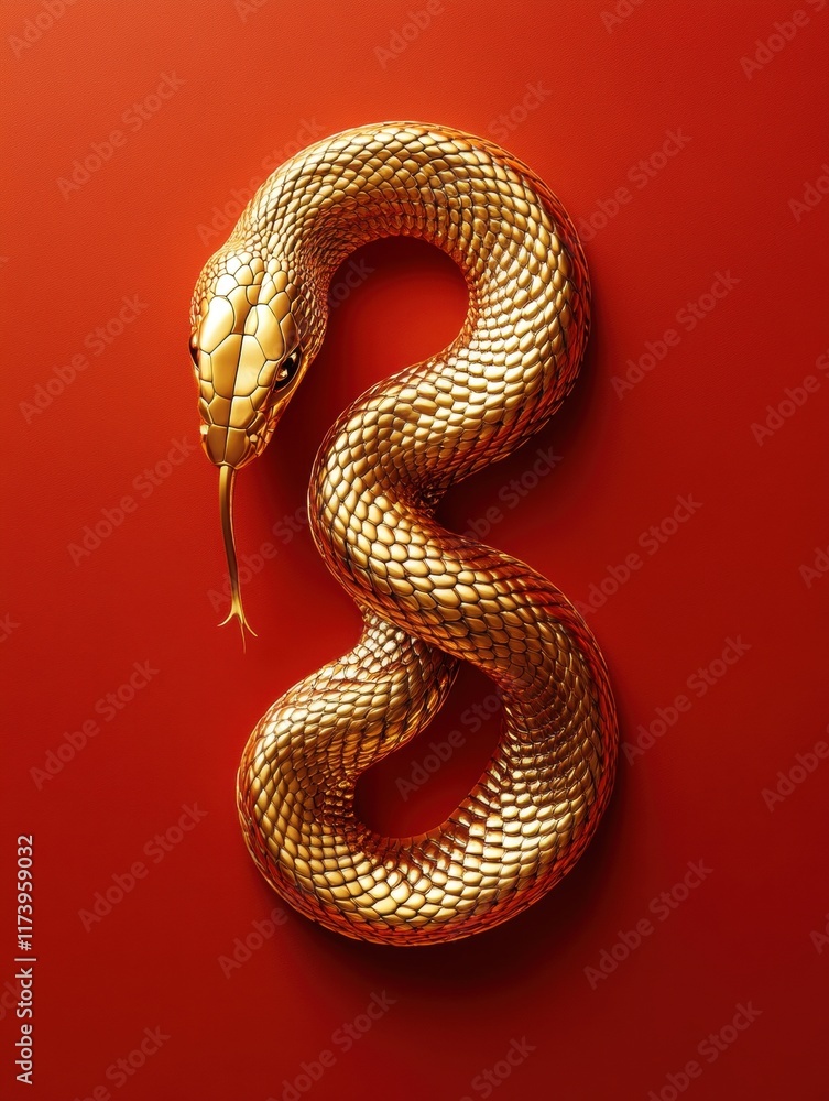 Fototapeta premium Golden snake elegantly coiled on a vivid red background, displaying intricate scales.