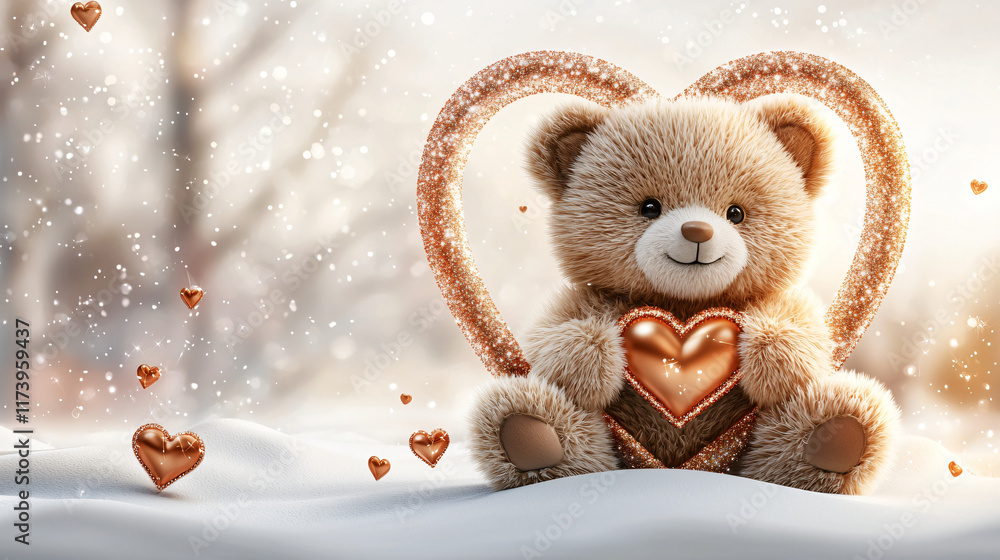 Fototapeta premium Teddy Bear Holding Heart in Winter Wonderland