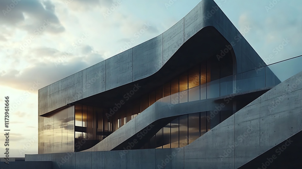 Fototapeta premium Modern architectural design featuring curved concrete forms and large glass windows.