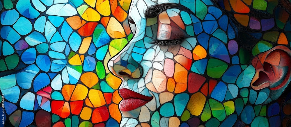 A mosaic-style digital artwork of a serene woman’s face with closed eyes, created from colorful geometric shapes symbolizing diversity, unity, and inner peace.. A mosaic-style digital artwork of a serene woman’s face with closed eyes, created from colorful geometric shapes symbolizing diversity, unity, and inner peace..