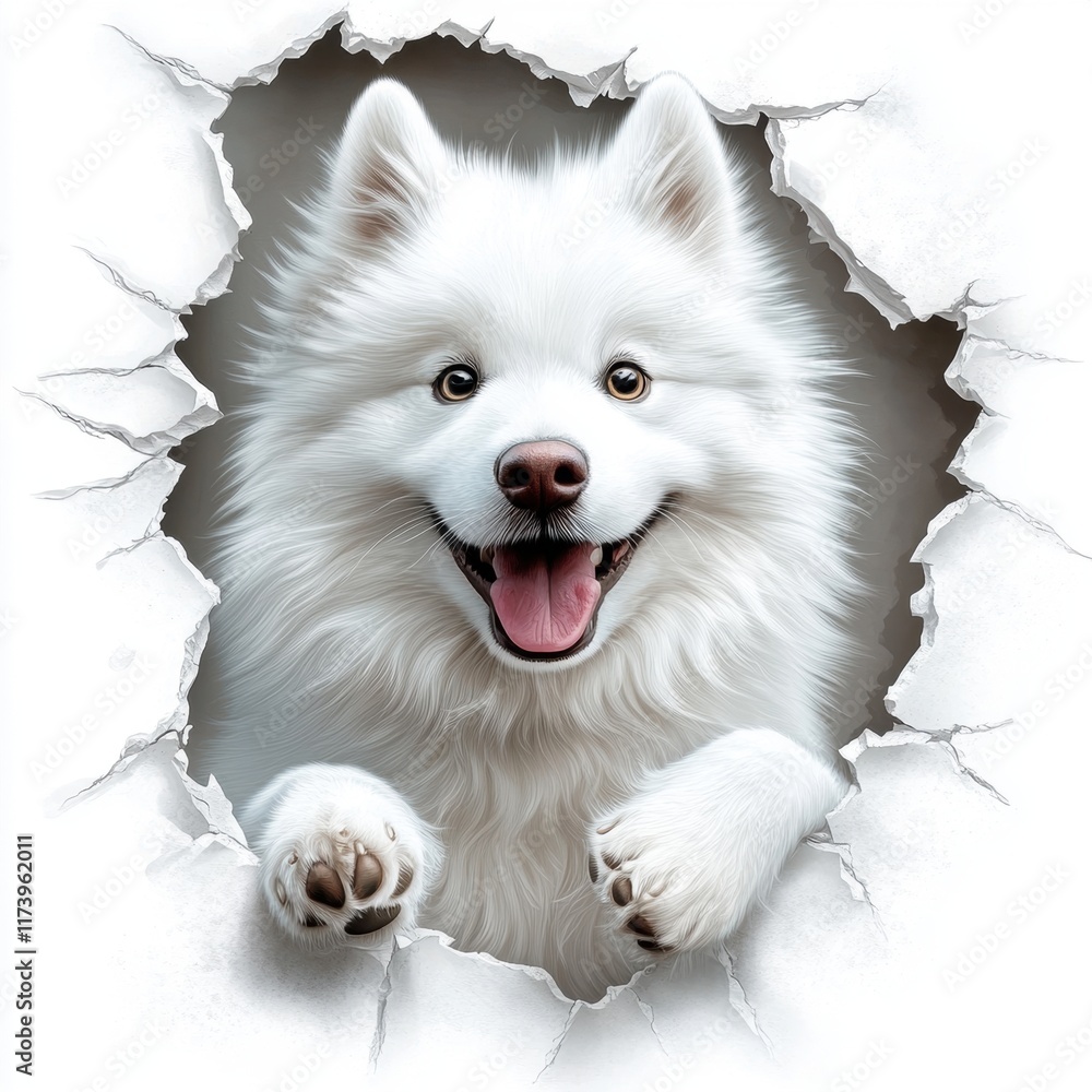Fototapeta premium Playful white dog breaks through a paper wall, full of excitement and energy.
