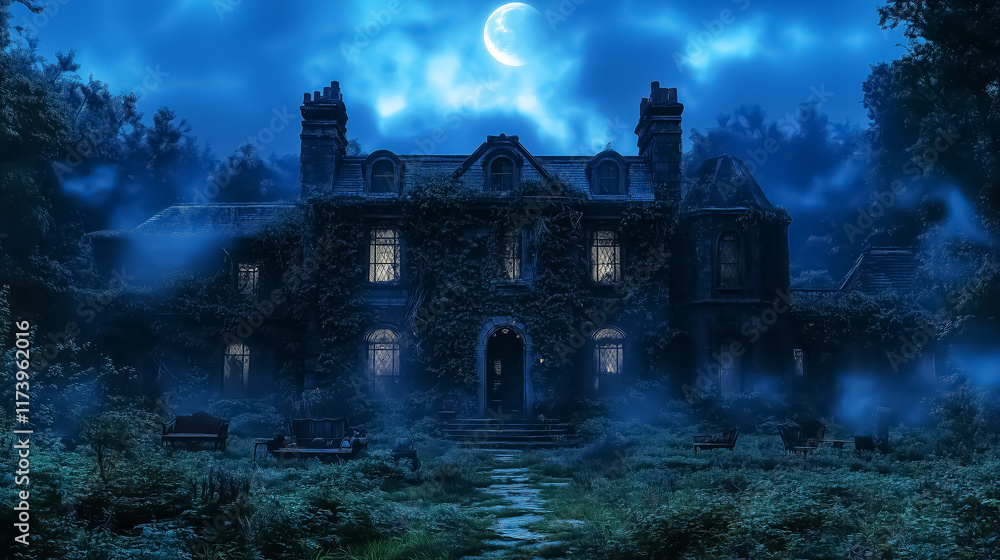 Fototapeta premium Eerie night scene of an overgrown mansion under a full moon, perfect for Halloween art, wall decoration, or atmospheric background design.
