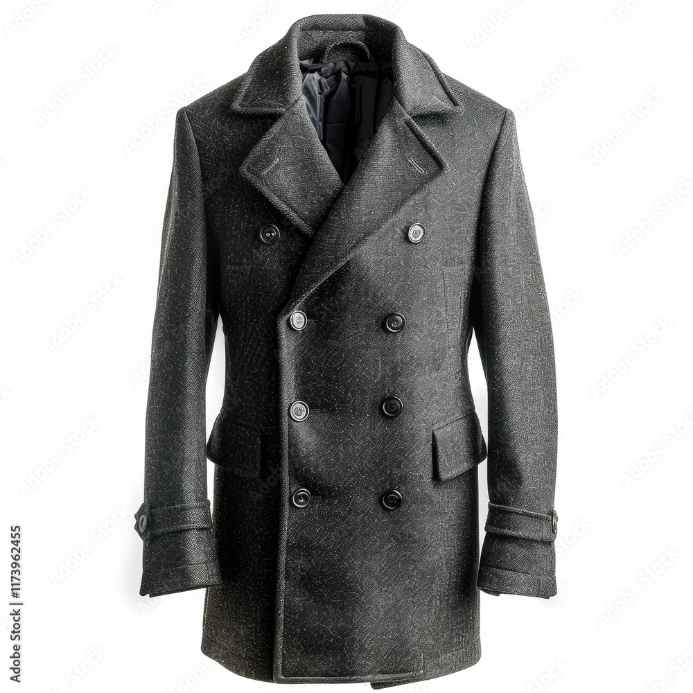A stylish dark gray double-breasted wool coat with six buttons and flap pockets. A stylish dark gray double-breasted wool coat with six buttons and flap pockets.