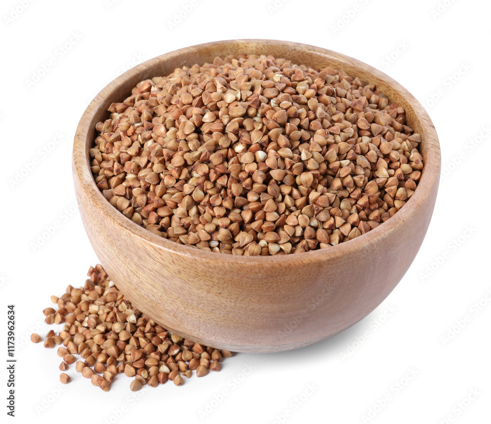 Raw buckwheat in bowl isolated on white Raw buckwheat in bowl isolated on white